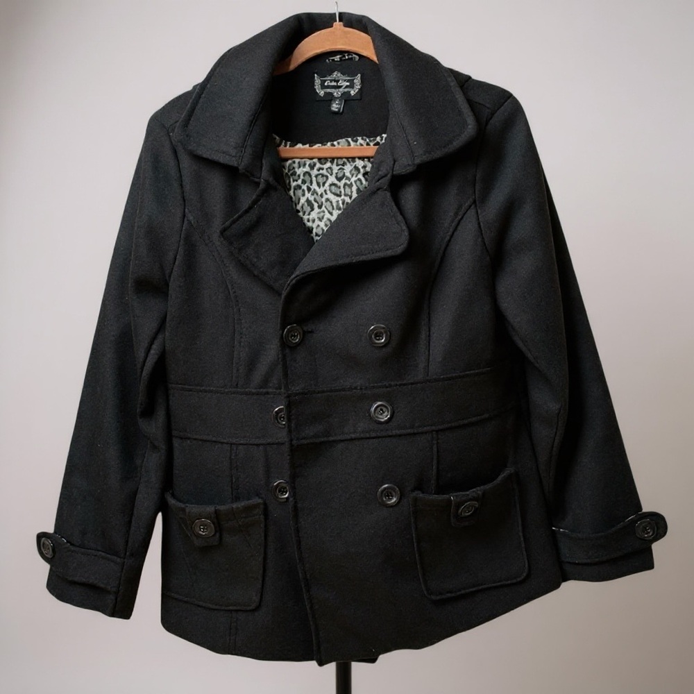 Outer Edge Women’s Pea Coat with Hood Leopard Print Lined Jacket Size L